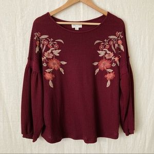 Jun & Ivy Maroon Waffle Knitted Balloon Long Sleeve